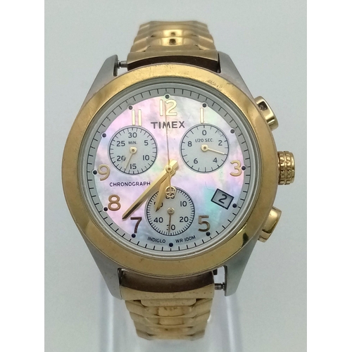 838 - A Timex Quartz Chronograph. Gold plated Strap and two tone case - 37mm. Mother of pearl dial with th... 