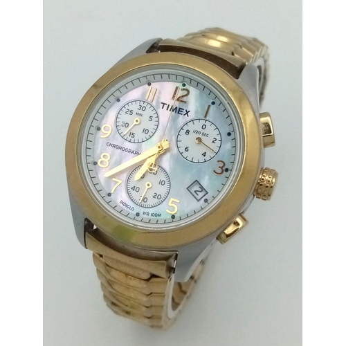 838 - A Timex Quartz Chronograph. Gold plated Strap and two tone case - 37mm. Mother of pearl dial with th... 