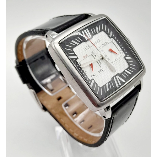 1134 - A TED BAKER watch with leather strap. 38 mm square case with two sub-dials, quartz movement, with th... 