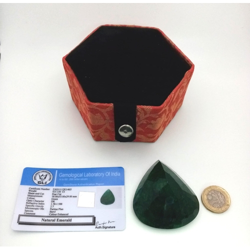 660 - A Large 415.15ct Natural Emerald. Pear Shaped with a GLI Certificate. Earth Mined and colour enhance... 