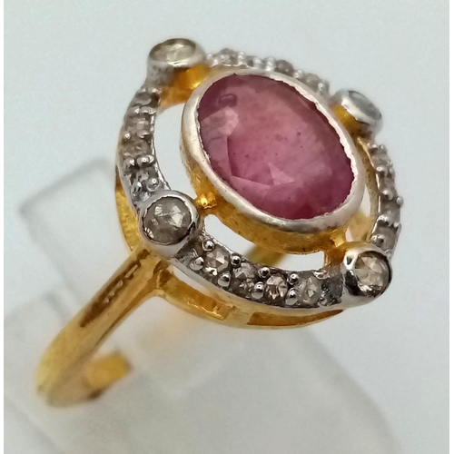 851 - A Ruby Ring with Rose cut Diamonds. Gold plated 925 Sterling silver. Burma Ruby- 2.65ct. Diamond- 0.... 