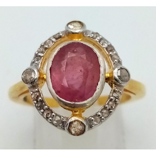 851 - A Ruby Ring with Rose cut Diamonds. Gold plated 925 Sterling silver. Burma Ruby- 2.65ct. Diamond- 0.... 