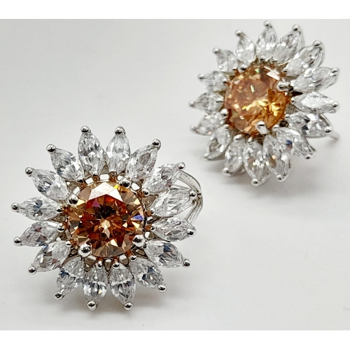 898 - A Pair of 925 Silver White and Pale Orange Stone Clip On Earrings.