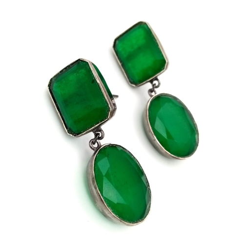 1214 - A Pair of Green Onyx Long Dangle Earrings. Octagonal step cut each with a large oval. Set in 925 Sil... 