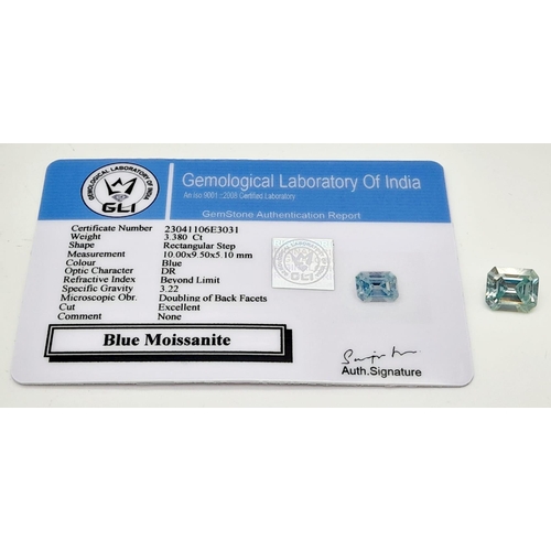 1298 - A 3.50ct Rectangular Blue Moissanite. GLI certified.