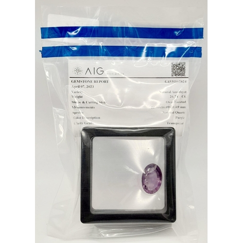 1306 - A 26.74ct Natural Oval Amethyst. AIG Milan Certified. Eye-clean clarity - Sealed Pack.