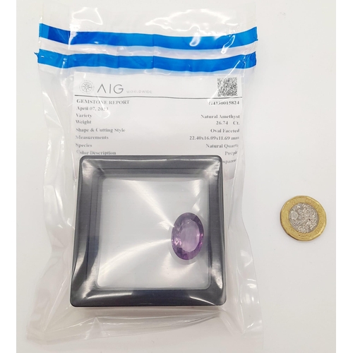 1306 - A 26.74ct Natural Oval Amethyst. AIG Milan Certified. Eye-clean clarity - Sealed Pack.