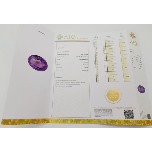 1306 - A 26.74ct Natural Oval Amethyst. AIG Milan Certified. Eye-clean clarity - Sealed Pack.