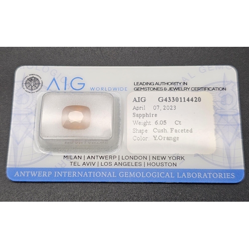 134 - A 6.05ct Cushion-Cut Faceted Yellow Sapphire Gemstone. AIG Milan Certification - Sealed Blister Pack... 