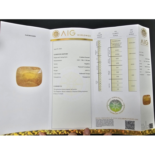 134 - A 6.05ct Cushion-Cut Faceted Yellow Sapphire Gemstone. AIG Milan Certification - Sealed Blister Pack... 