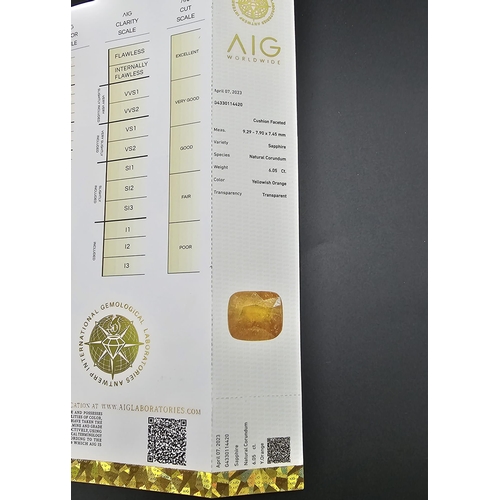 134 - A 6.05ct Cushion-Cut Faceted Yellow Sapphire Gemstone. AIG Milan Certification - Sealed Blister Pack... 