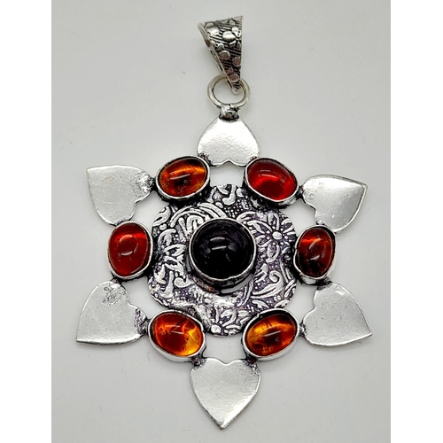 1379 - Three Different Coloured Gemstone Pendants set in White Metal. 6cm - largest pendant.