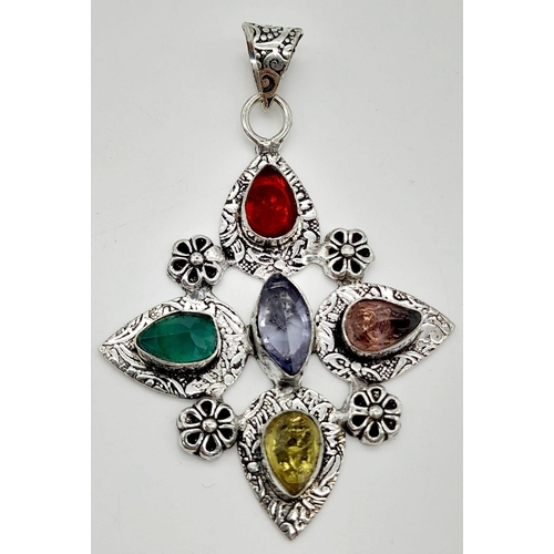 1379 - Three Different Coloured Gemstone Pendants set in White Metal. 6cm - largest pendant.