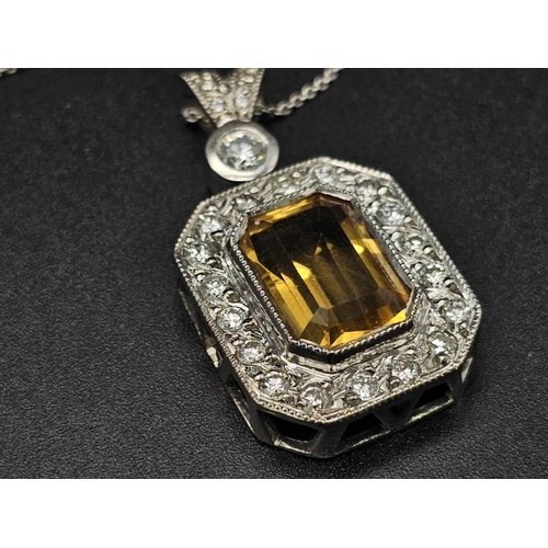 153 - A very nice 18 K white gold pendant with an emerald cut citrine surrounded by diamonds (3 ct. appr.)... 