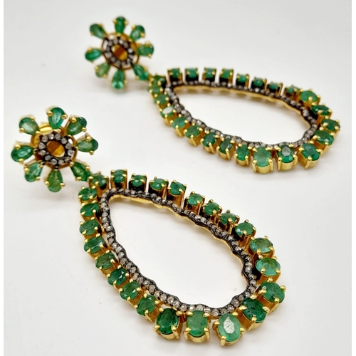 261 - A Pair of Emerald Gemstone Hoop-Drop Earrings. Emeralds approx 15ct and Diamonds approx 1.4ct. Victo... 