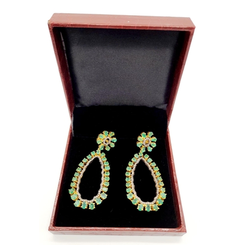 261 - A Pair of Emerald Gemstone Hoop-Drop Earrings. Emeralds approx 15ct and Diamonds approx 1.4ct. Victo... 