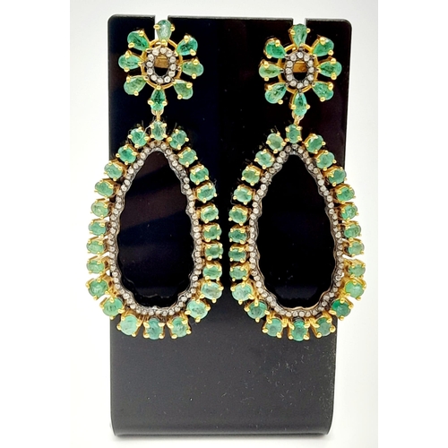 261 - A Pair of Emerald Gemstone Hoop-Drop Earrings. Emeralds approx 15ct and Diamonds approx 1.4ct. Victo... 