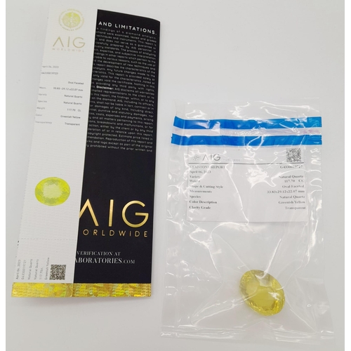 317 - A 117.70ct Very Large Lemon-Yellow Faceted Quartz Gemstone with AIG Milan Certification - Sealed Pac... 