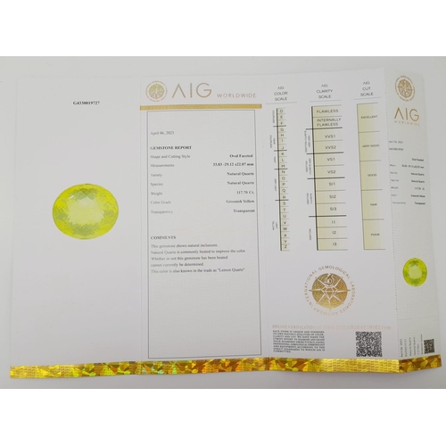 317 - A 117.70ct Very Large Lemon-Yellow Faceted Quartz Gemstone with AIG Milan Certification - Sealed Pac... 