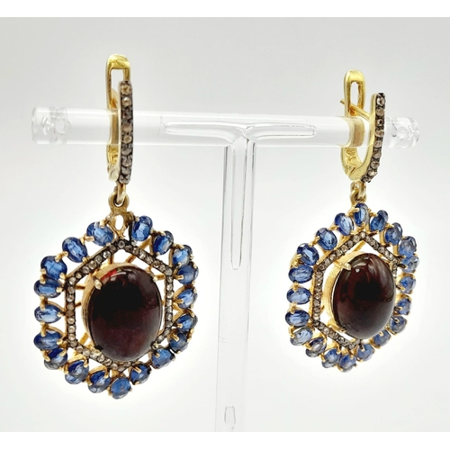 38 - A Pair of Fire Opal and Kyanite Gemstone Hexagonal Drop Earrings. Set in gold plated 925 silver. Dia... 