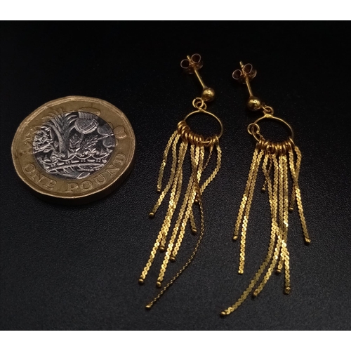 402 - A Pair of 9k Yellow Gold 1920s Style Flapper-esque Earrings. 
4.5cm. 1.7g total weight.