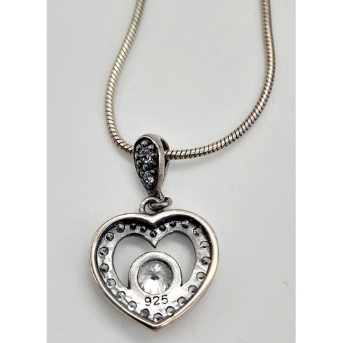 466 - A 925 Silver Necklace with a 925 Silver White Stone Heart Pendant. 22cm and 3cm.