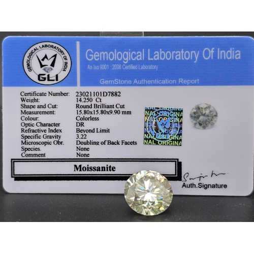 493 - A 14.250ct Round Brilliant Cut Tinted White Moissanite. GLI certified.