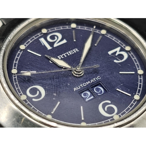 614 - A stainless steel Pasha de Cartier watch. 35 mm case with blue dial, automatic movement and Cartier ... 