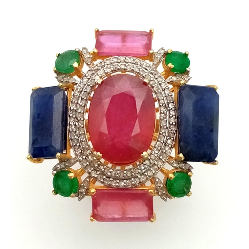 723 - A Ruby, Emerald And Blue Sapphire Cocktail Ring set in Gold-Plated 925 Silver - with Diamonds in a P... 