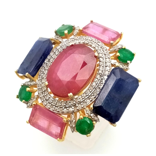 723 - A Ruby, Emerald And Blue Sapphire Cocktail Ring set in Gold-Plated 925 Silver - with Diamonds in a P... 