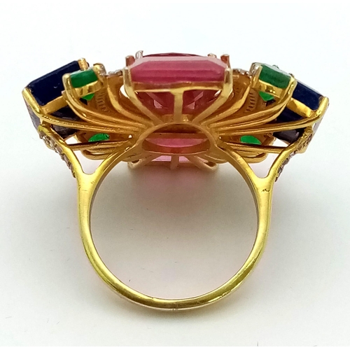 723 - A Ruby, Emerald And Blue Sapphire Cocktail Ring set in Gold-Plated 925 Silver - with Diamonds in a P... 