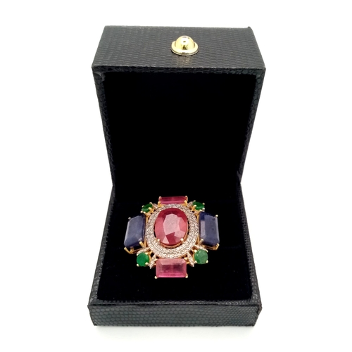 723 - A Ruby, Emerald And Blue Sapphire Cocktail Ring set in Gold-Plated 925 Silver - with Diamonds in a P... 