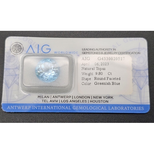 808 - A 9.80ct Round Brilliant Blue Topaz Gemstone. Comes with AIG Milan Certification - Sealed Blister Pa... 