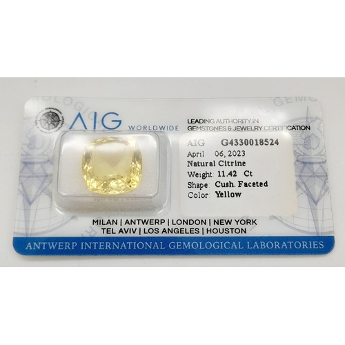 1227 - An 11.42ct Natural Citrine Cushion Cut Gemstone with AIG Milan Certification - Sealed Blister Pack