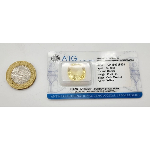 1227 - An 11.42ct Natural Citrine Cushion Cut Gemstone with AIG Milan Certification - Sealed Blister Pack