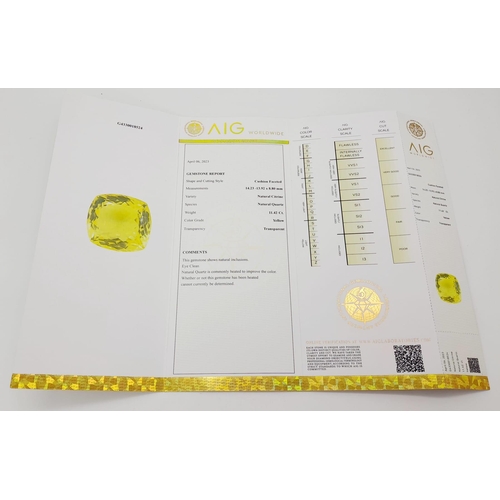 1227 - An 11.42ct Natural Citrine Cushion Cut Gemstone with AIG Milan Certification - Sealed Blister Pack