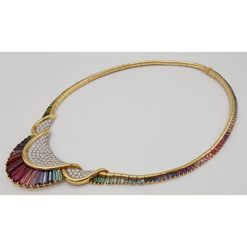 195 - A spectacular 18 K yellow gold necklace with a rainbow of gemstones and diamonds. Length: 43 cm, wei... 