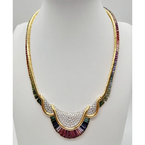 195 - A spectacular 18 K yellow gold necklace with a rainbow of gemstones and diamonds. Length: 43 cm, wei... 