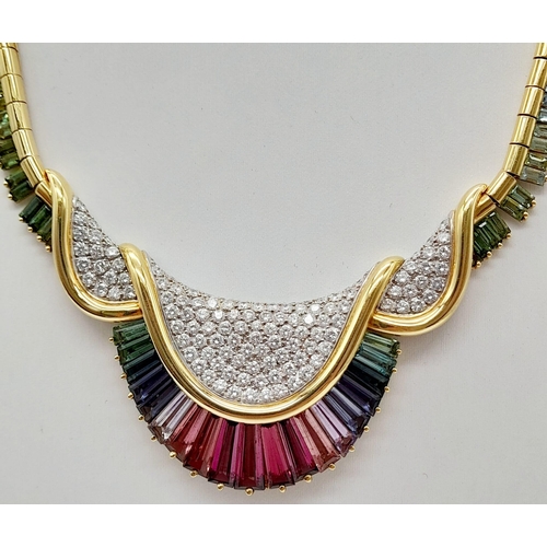 195 - A spectacular 18 K yellow gold necklace with a rainbow of gemstones and diamonds. Length: 43 cm, wei... 