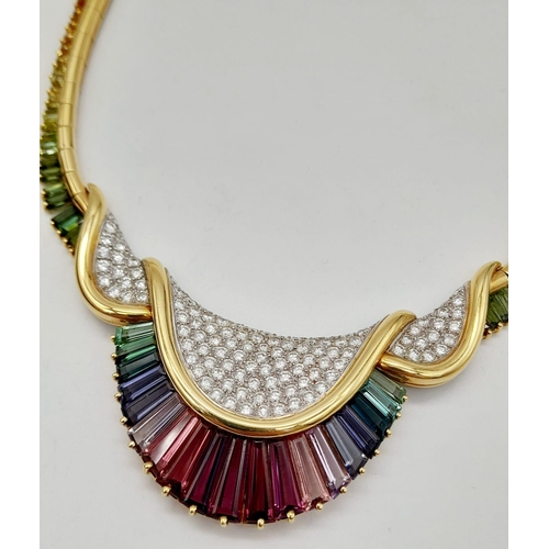 195 - A spectacular 18 K yellow gold necklace with a rainbow of gemstones and diamonds. Length: 43 cm, wei... 