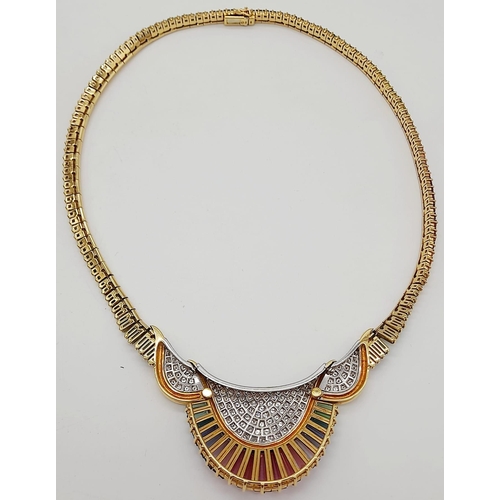 195 - A spectacular 18 K yellow gold necklace with a rainbow of gemstones and diamonds. Length: 43 cm, wei... 