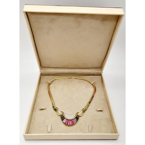 195 - A spectacular 18 K yellow gold necklace with a rainbow of gemstones and diamonds. Length: 43 cm, wei... 