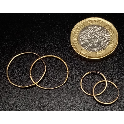 447 - Two Pairs of Thin 9K Yellow Gold Hoop Earrings. Small and medium. 0.47g total weight.