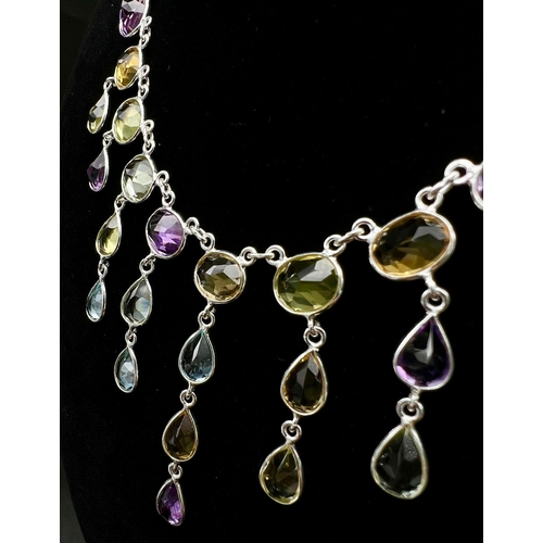 803 - A 925 Silver, Amethyst, Citrine and Garnet Gemstone Necklace. 46cm.