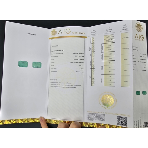 1249 - A 1.19ct Zambian Emerald Gemstone Pair in a Sealed Blister Pack. AIG Milan Certified. Oval Shape. Lo... 