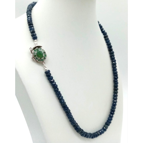 1293 - A 925 Silver, 202ct Faceted Blue Sapphire Single Strand Necklace with Emerald Clasp. 48cm.