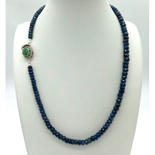 1293 - A 925 Silver, 202ct Faceted Blue Sapphire Single Strand Necklace with Emerald Clasp. 48cm.