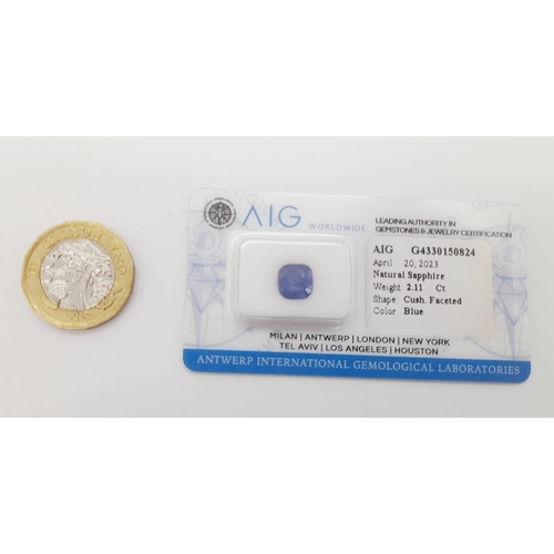 1368 - A 2.11ct Natural Blue Sapphire Gemstone in a Sealed Blister Pack. AIG Milan Certified.