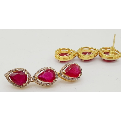 46 - A Pear-Cut Ruby Gemstone Tennis Necklace (42cm) with a Halo of Diamonds in a Pave Setting. Set in 92... 