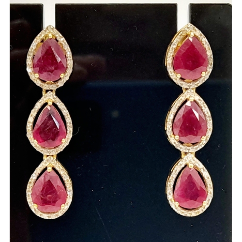 46 - A Pear-Cut Ruby Gemstone Tennis Necklace (42cm) with a Halo of Diamonds in a Pave Setting. Set in 92... 